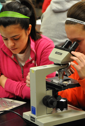 Two students in science class