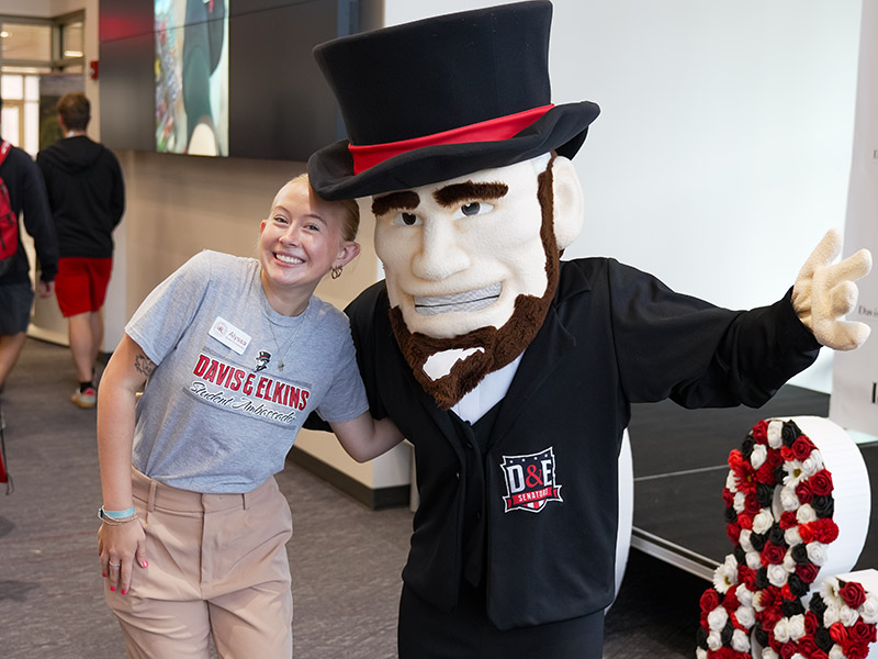 Senator mascot with a student ambassador at an athletics event